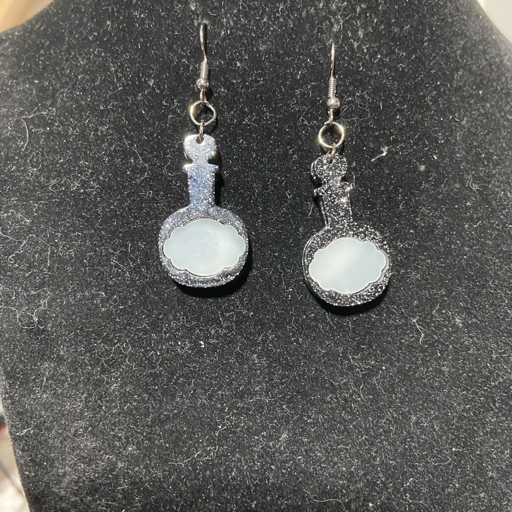 Handcrafted Pierced Earrings, Poison Bottles, Halloween, Glow in the Dark Label